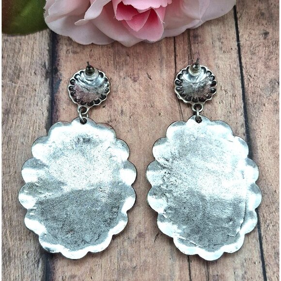 Silver Tone Western Cowgirl Conch Dangle Drop Earrings Statement 3" - Picture 6 of 7